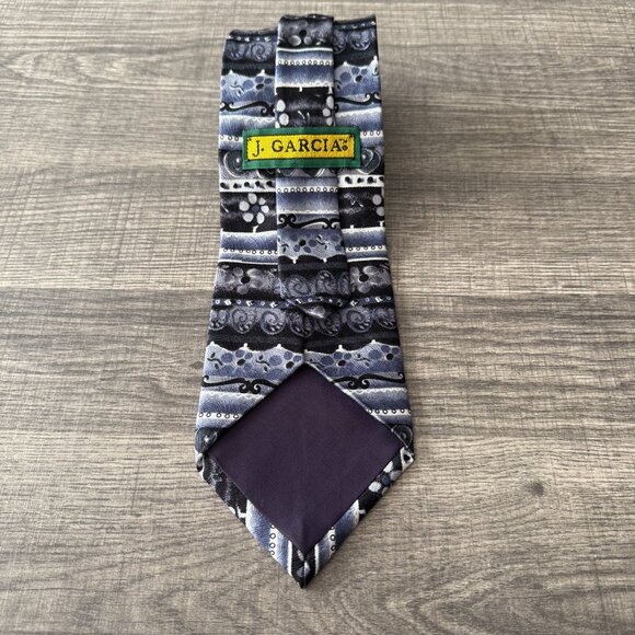 J. GARCIA 100% Silk Neck Tie Black Blue Grey Floral Geometric Made in USA - Picture 3 of 8